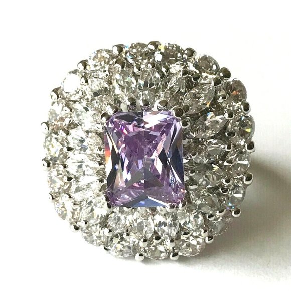 Vintage Art Deco Purple CZ Cocktail Ring Size 7 Camilla Lucia Silver Plated - Picture 1 of 12